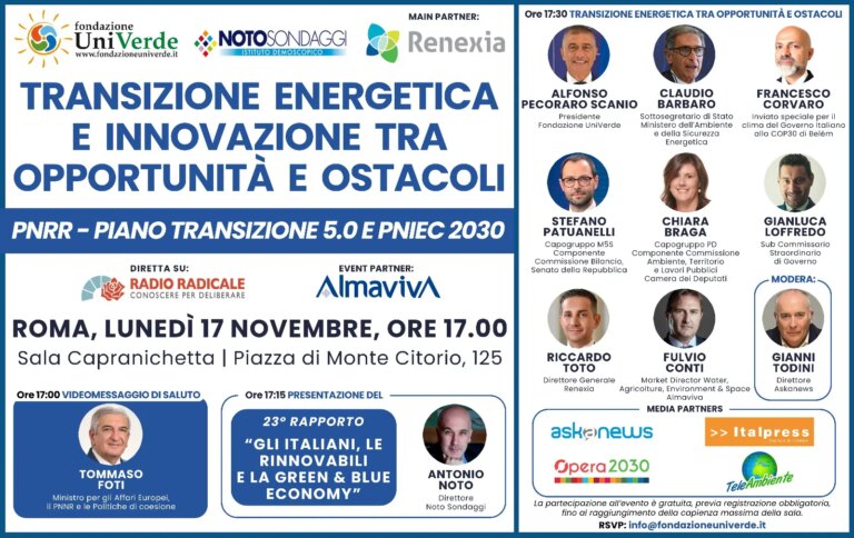 Il 17 novembre a Roma il convegno “Transizione energetica e innovazione tra opportunità e ostacoli”