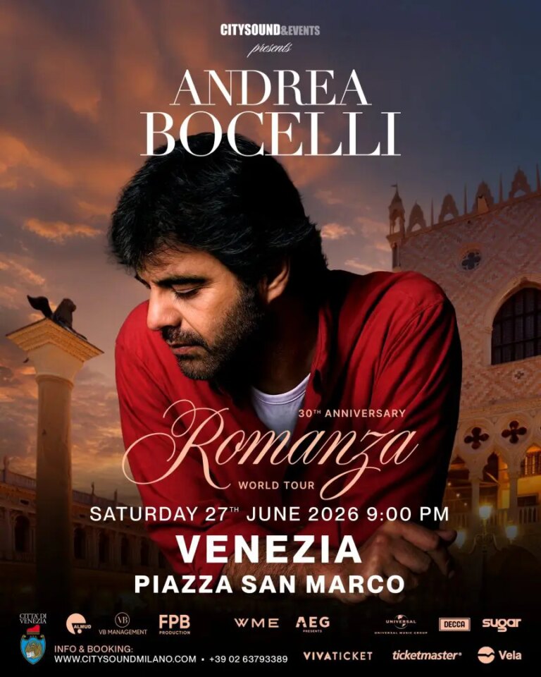 Andrea Bocelli a Venezia, concerto in Piazza San Marco in programma il 27 giugno 2026